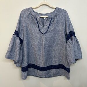 Crown & Ivy Linen Blouse Bell Quarter Sleeves Crochet Details V-neckline Size M